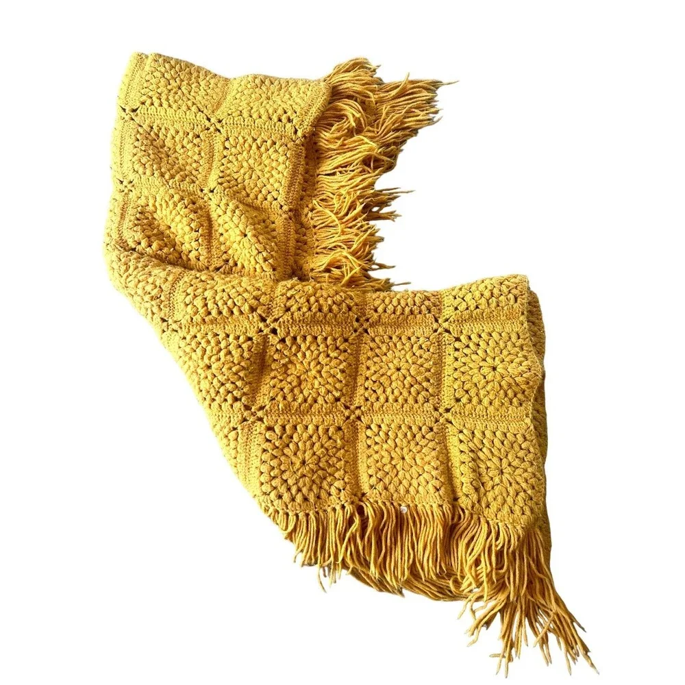 Handmade Yellow Crochet Afghan Blanket Vintage 70s Boho Cottagecore Throw Large